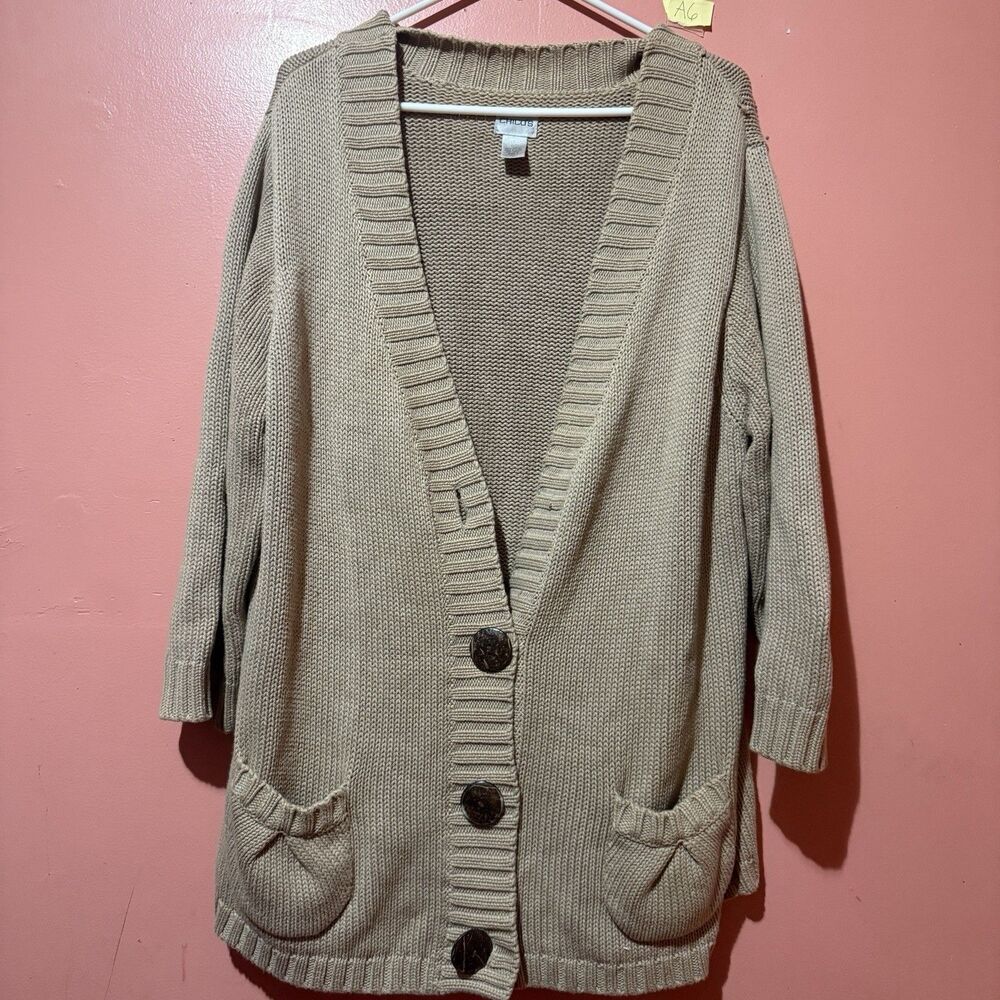 Chicos Womens Cardigan 3 Light Brown Knit Open Front Sweater Button Up